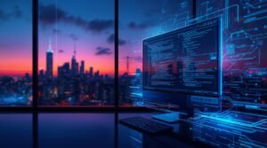 Futuristic desktop illustration with skyline