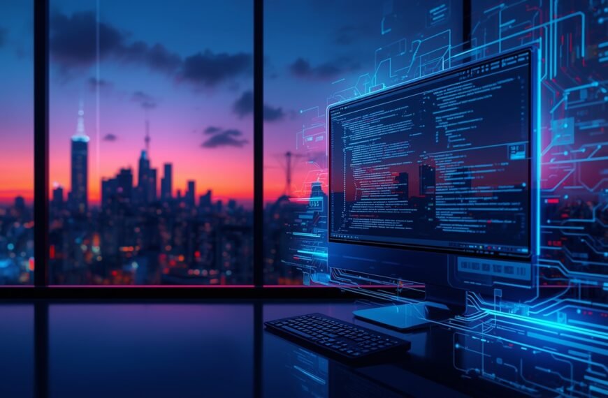 Futuristic desktop illustration with skyline