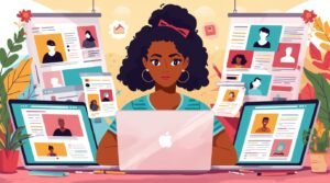 Person creating multiple blog posts for her side hustle.