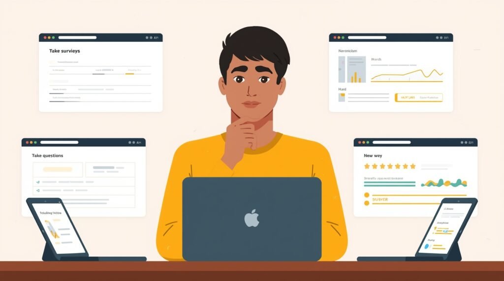 Person using laptop to complete online surveys and earn extra money from sites like Prolific, Respondent.io, and Swagbucks
