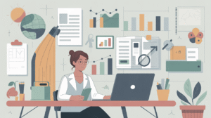 Modern workspace with a laptop, calculator, and financial spreadsheets, symbolizing freelance bookkeeping work.