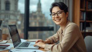 Freelance copywriter working remotely on laptop in home office