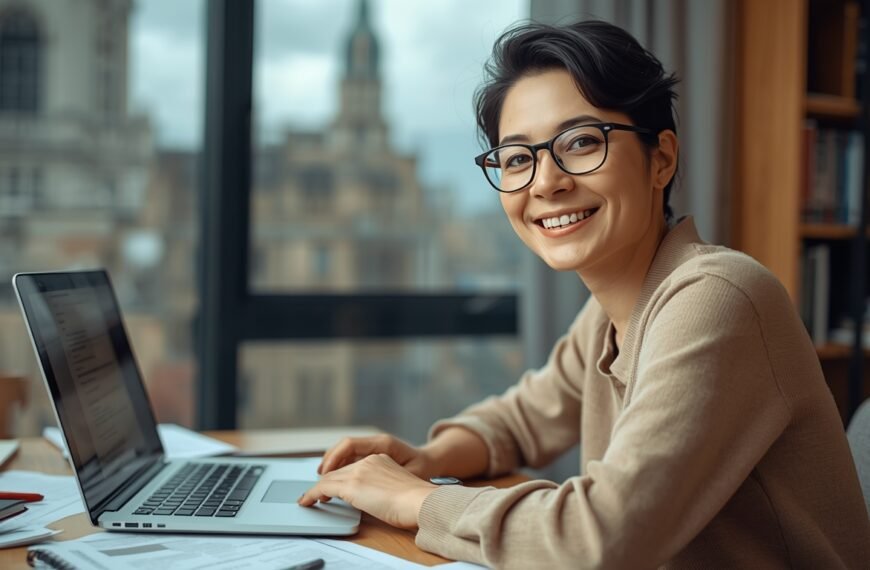 Freelance copywriter working remotely on laptop in home office